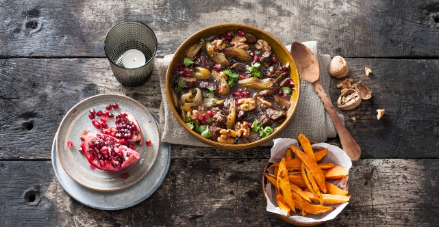 Stew With Walnuts, Pomegranate Seeds and Irish Beef