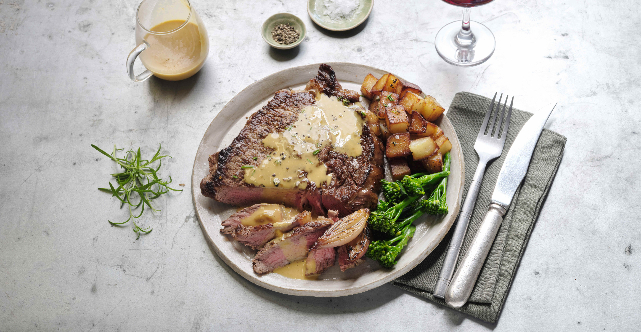 Rib-Eye Steak With Whiskey Onions, Sauté Potatoes and Tender-Stem BroccoliRib-Eye Steak With Whiskey Onions, Sauté Potatoes and Tender-Stem Broccoli