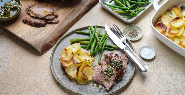 Roast Rosemary Leg of Lamb with Oregano Salsa Verde and Boulangère Potatoes