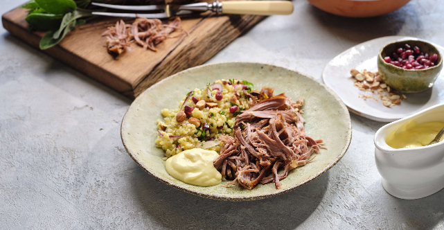 Slow Roast Lamb Shoulder With Bulgur Salad and Aioli